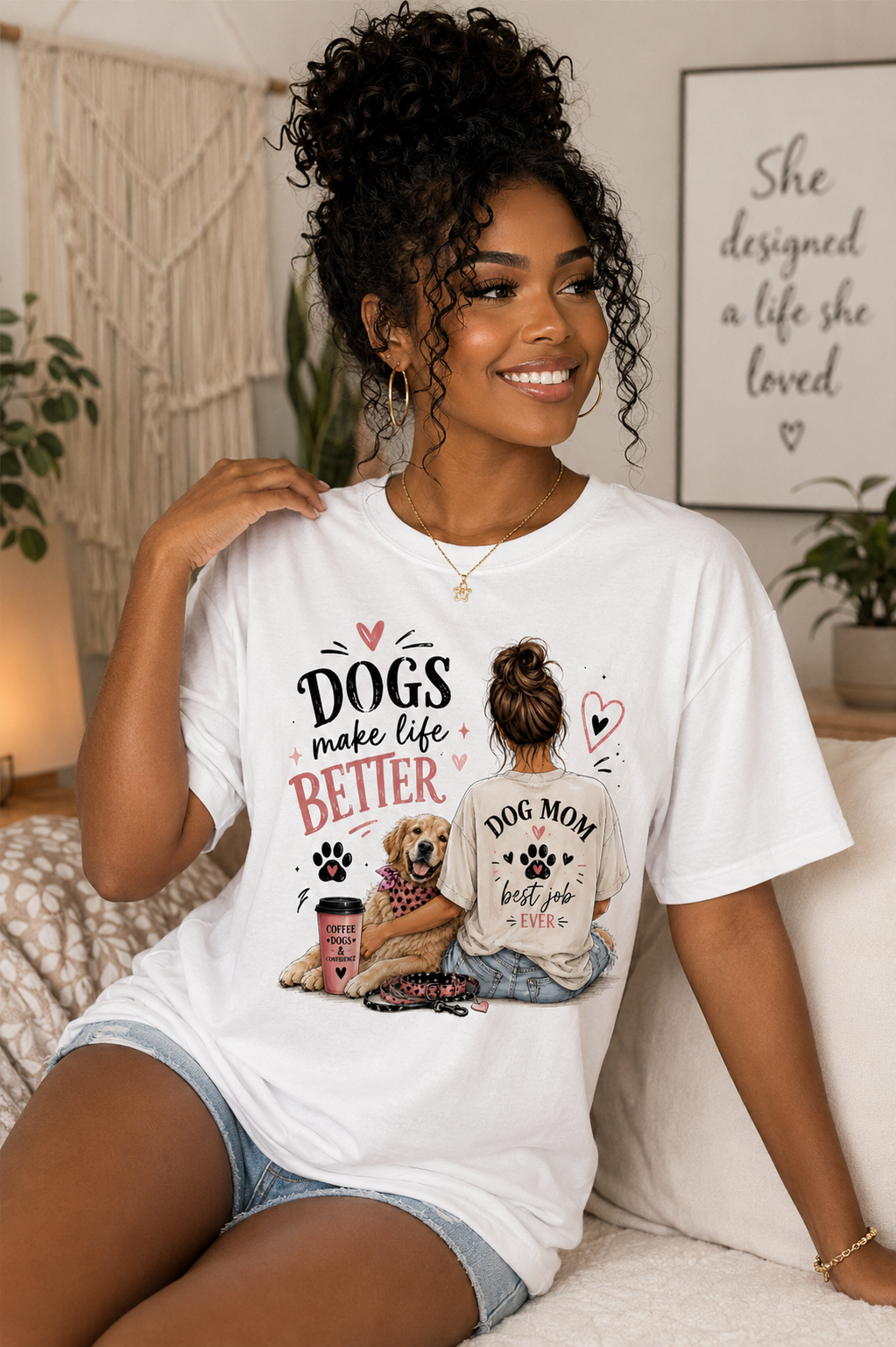 Dog Mom Illustration Tee | Dogs Make Life Better V-Neck Shirt view 3
